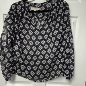 LOFT Navy Floral Diamond-Print V-Neck Blouse